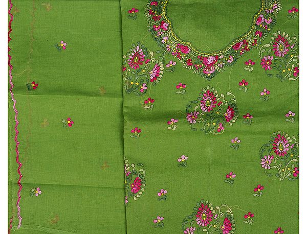 Herbal-Green Salwar Kameez Fabric with Kantha Embroidered Flowers