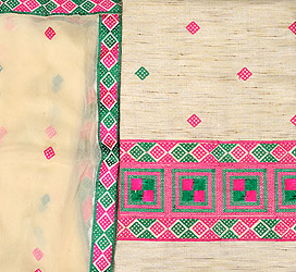 Beige Salwar Kameez Fabric with Phulkari Embroidery from Punjab