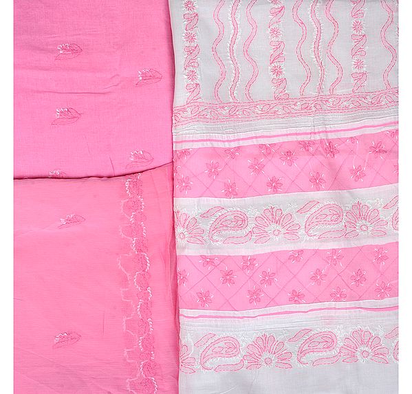 Candy-Pink and Snow-White Salwar Suit Fabric with Lukhnavi Chikan Embroidery