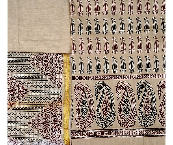 Beige Salwar Kameez Fabric from Hyderabad with Block Printed Paisleys