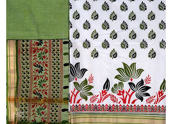 White and Peridot Salwar Kameez Fabric from Seemandhra with Printed Paisleys