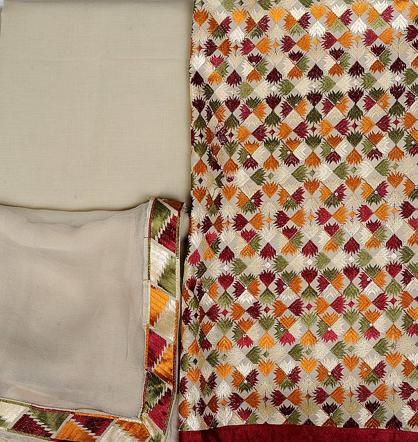 Mojave-Desert Punjabi Salwar Kameez Fabric with All-Over Phulkari Embroidery