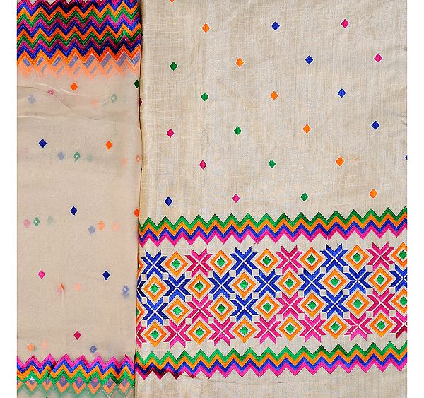 Angora-Beige Salwar Kameez Fabric from Punjab with Phulkari Embroidery