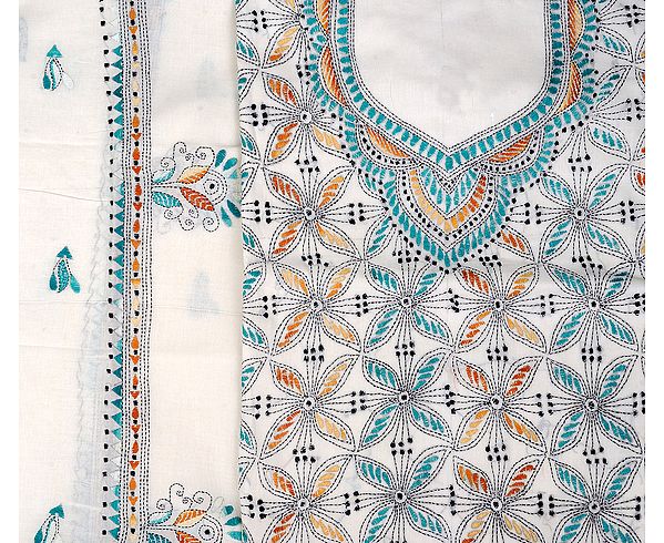 Snow-white Kantha Embroidered Salwar Kameez Fabric from Kolkata