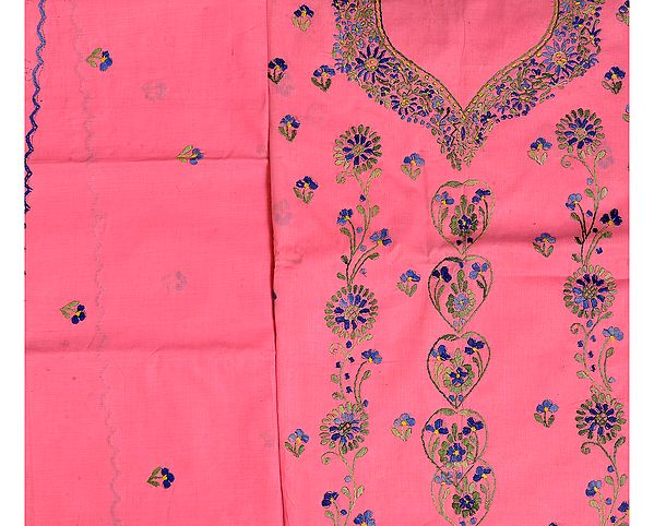 Conch-Shell Salwar Kameez Fabric with Kantha Stiched Embroidered Flowers