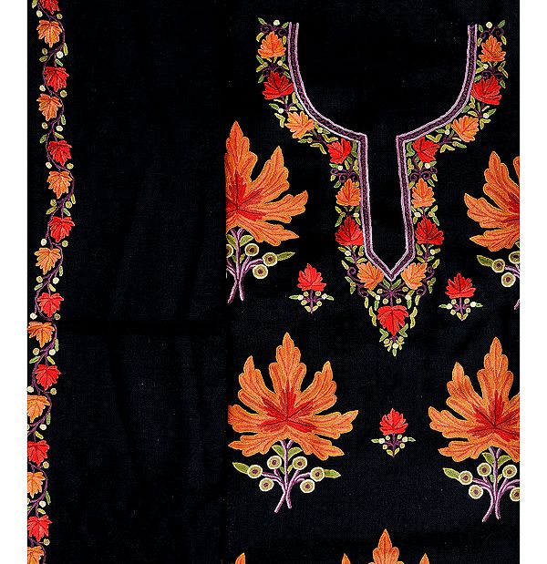 Black Salwar Kameez Fabric from Kashmir with Hand-Embroidered Maple Leaves