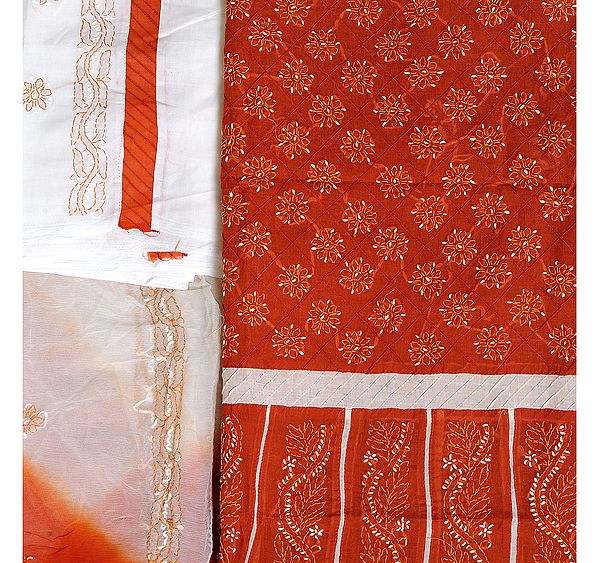 Auburn Salwar Kameez Fabric with Kantha Stiched Embroidered Flowers