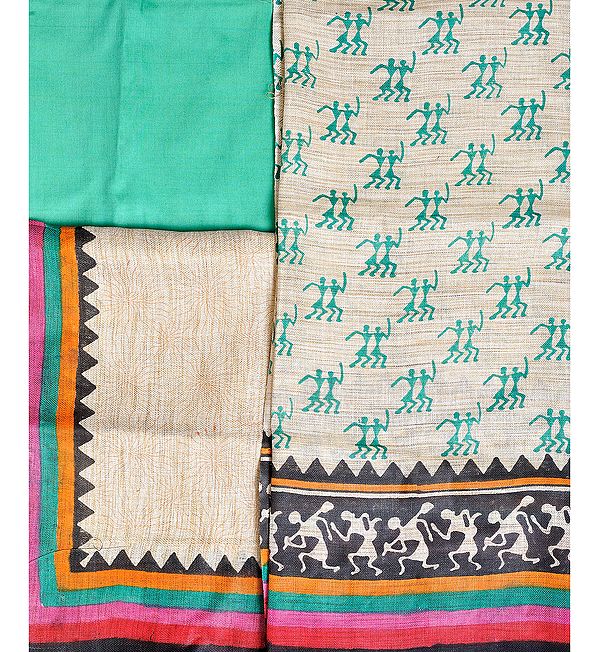 Jade-Cream Khadi Salwar Kameez Fabric with Printed Warli Figures