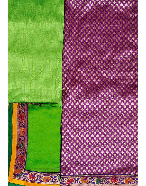 Sunset-Purple and Green Salwar Kameez Fabric with Patch Border and Brocaded Bootis