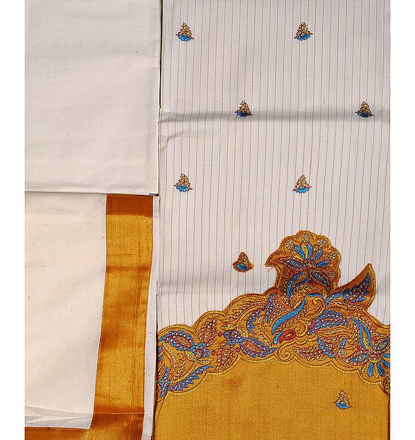 Antique-White Kasavu Salwar Kameez Fabric from Kerala with Patch Work