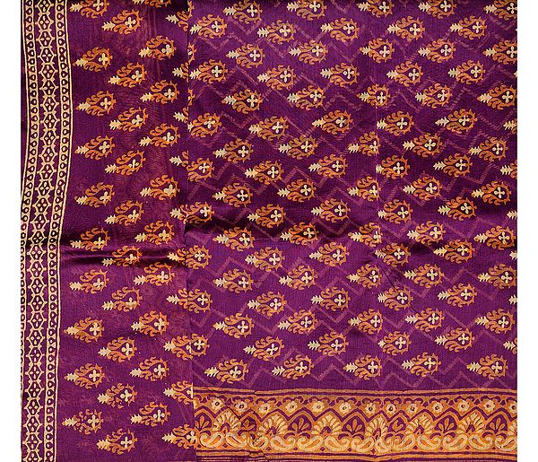 Magenta-Purple Chanderi Salwar Kameez Fabric with Block-Printed Booties