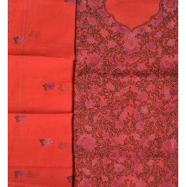 Salmon Salwar Kameez Fabric with Kantha Stiched Embroidery All-Over