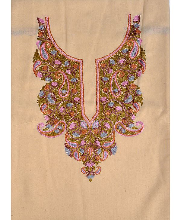 Corn-husk Two-Piece Salwar Kameez Fabric from Kashmir with Aari Embroidery