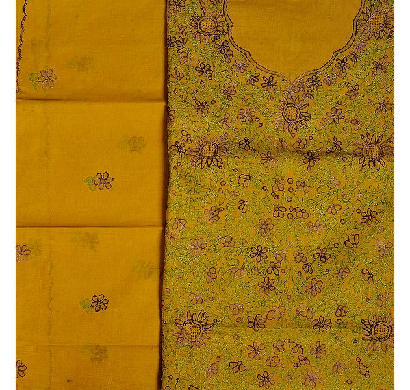 Sauterne Salwar Kameez Fabric from Kolkata with Kantha Stiched Embroidered Flowers