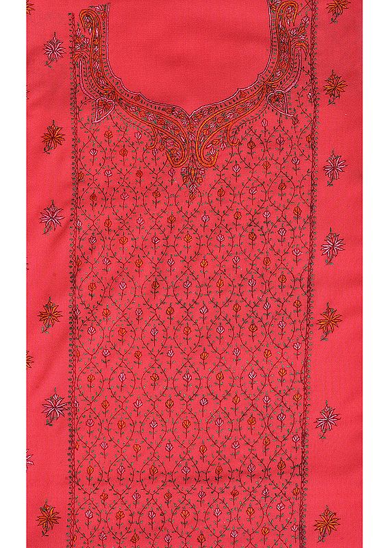 Sugar-Coral Salwar Kameez Fabric with Sozni Embroidery by Hand