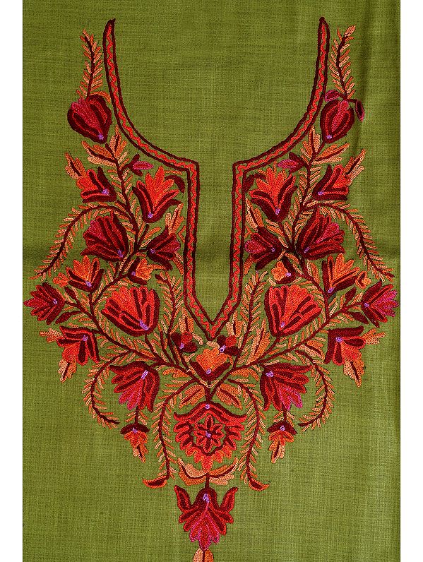 Epsom-Green Two-Piece Salwar Kameez Kashmiri Fabric with Crewel Embroidery by Hand