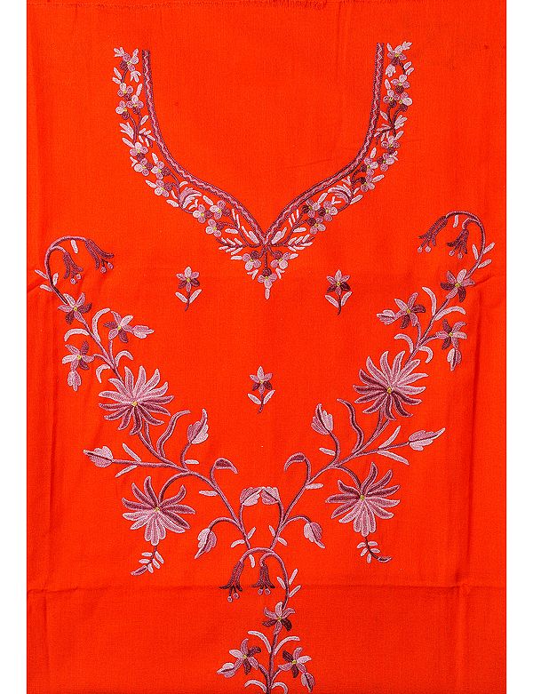 Tigerlily-Orange Salwar Kameez Fabric from Kashmir with Aari Embroidery
