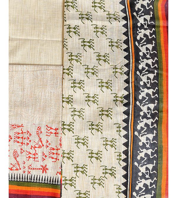 Beige Salwar Kameez Fabric from Jharkhand with Printed Folk Warli Motifs
