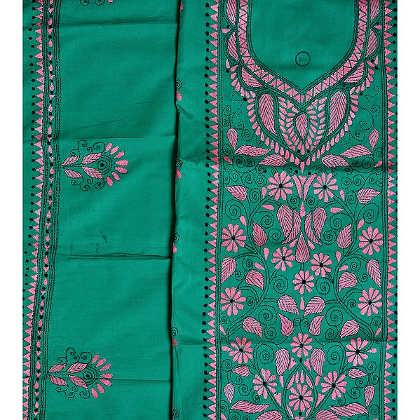 Viridis-Green Salwar Kameez Fabric with Pink Floral Kantha Stiched Embroidered Flowers