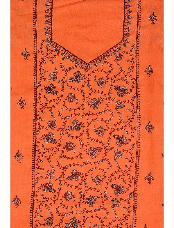 Melon-Orange Salwar Kameez Fabric from Kashmir with sozni Embroidered Booties by Hand