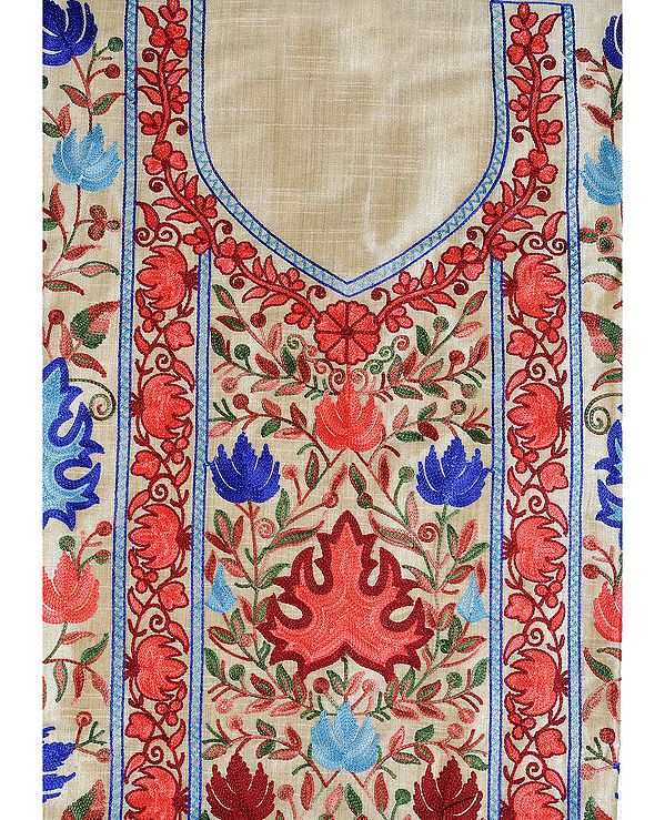 Biscotti-Beige Salwar Kameez Kashmiri Fabric with Crewel Embroidered Maple Leaves