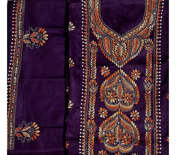 Deep-Purple Cotton Salwar Kameez Fabric with Kantha Stitch Embroidery