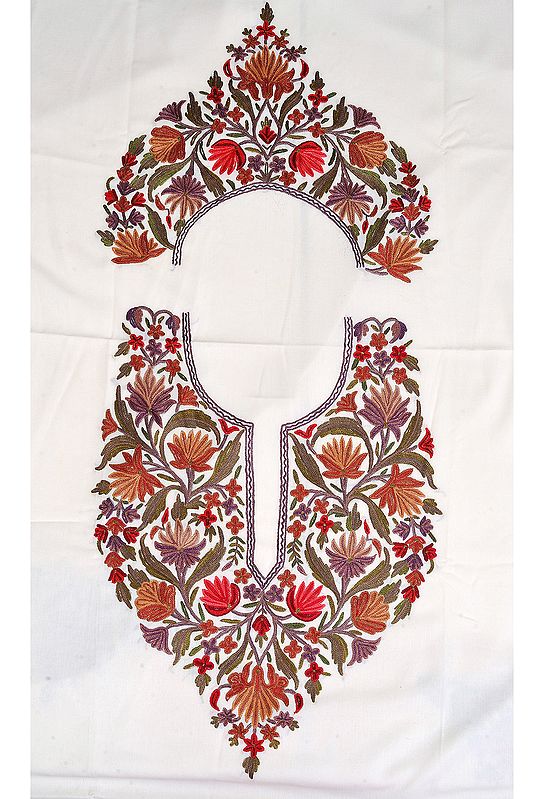 Gardenia Kashmiri Salwar Kameez Fabric with Floral Aari Embroidery by Hand