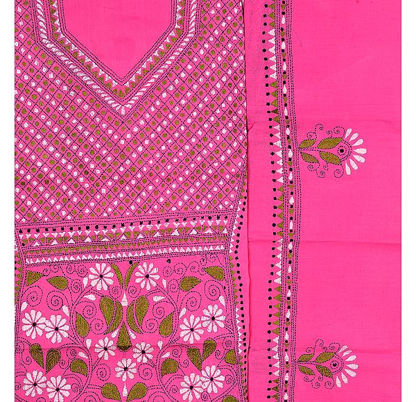 Fuchsia-Rose Kantha Embroidered Salwar Kameez Fabric