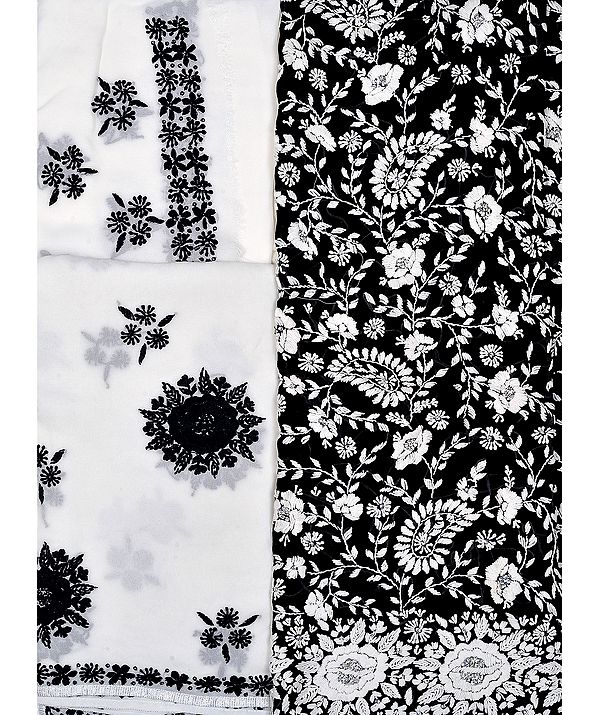 Black Phulkari Salwar Kameez Fabric with Embroidery in White Thread