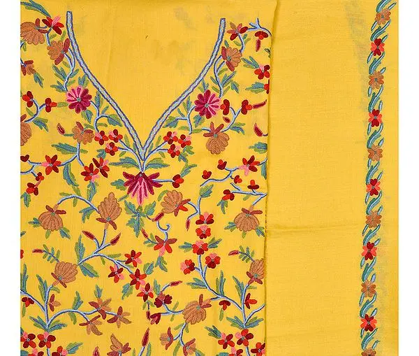 Yellow Salwar Kameez Kashmiri Fabric with Floral Aari Embroidery by Hand