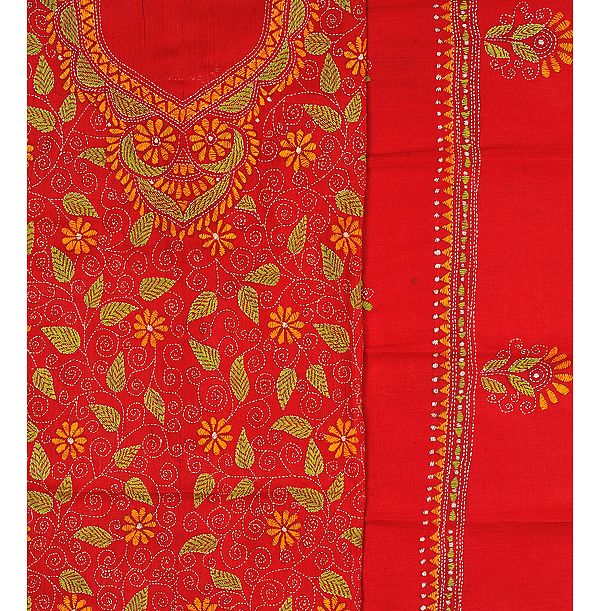 Red Salwar Kameez Fabric with Kantha Stiched Embroidery by Hand