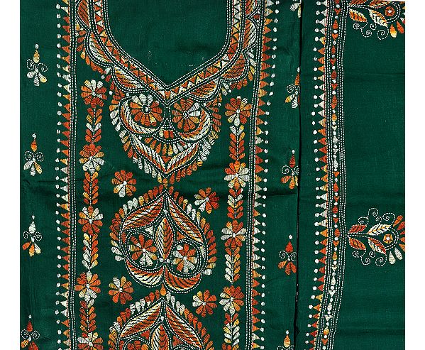 Trekking-Green Salwar Kameez Fabric with Kantha Embroidered Flowers