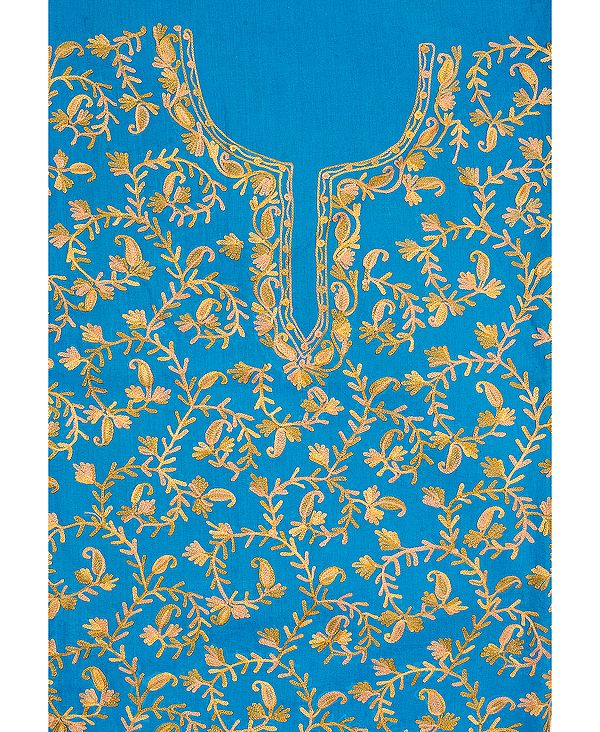 Methyl-Blue Two-Piece Kashmiri Salwar Kameez Fabric with Floral Aari Embroidery