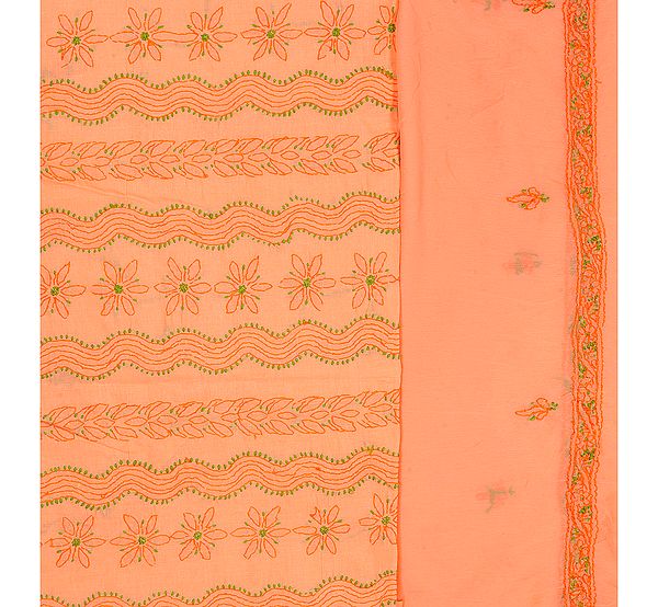 Canteloupe-Peach Salwar Kameez Fabric with Lukhnavi Chikan Embroidery by Hand