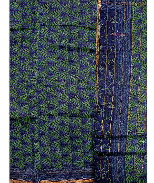 Green-Blue Chanderi Salwar Kameez Fabric with Block-Printed Triangles