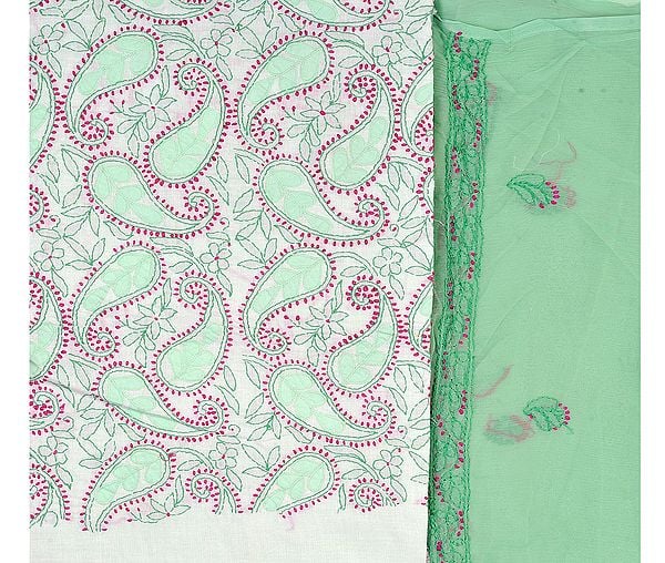 Tea-Green Salwar Kameez Fabric with Lukhnavi Chikan Embroidery