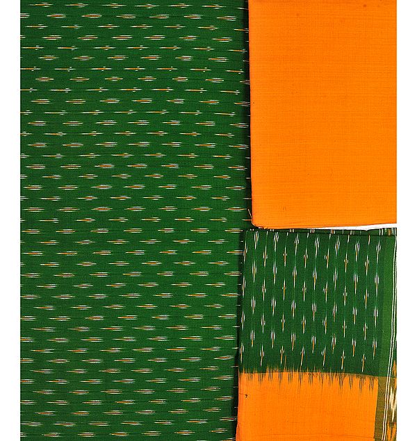 Green-Amber Salwar Kameez Fabric from Pochampally with Ikat Weave
