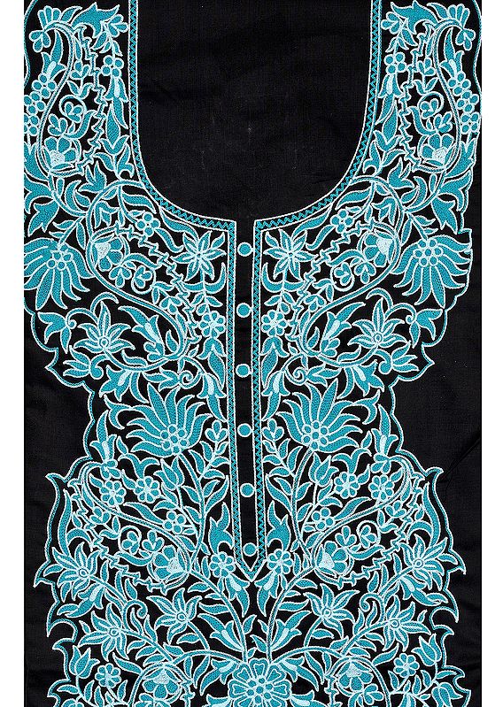 Black Two-Piece Kashmiri Salwar Kameez Fabric with Floral Aari Embroidery