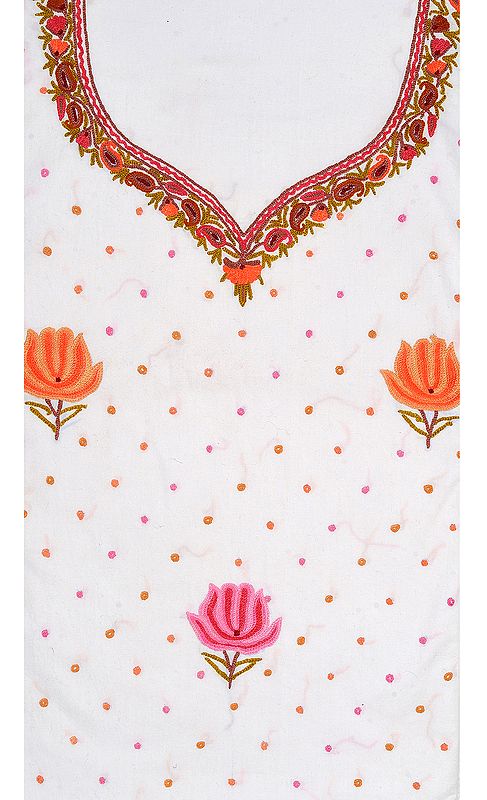 Snow-White Kashmiri Salwar Kameez Fabric with Floral Aari Embroidery