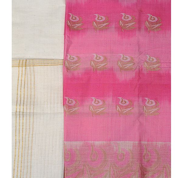 Pink-White Salwar Kameez Fabric  from Seemandhra with Woven Flowers