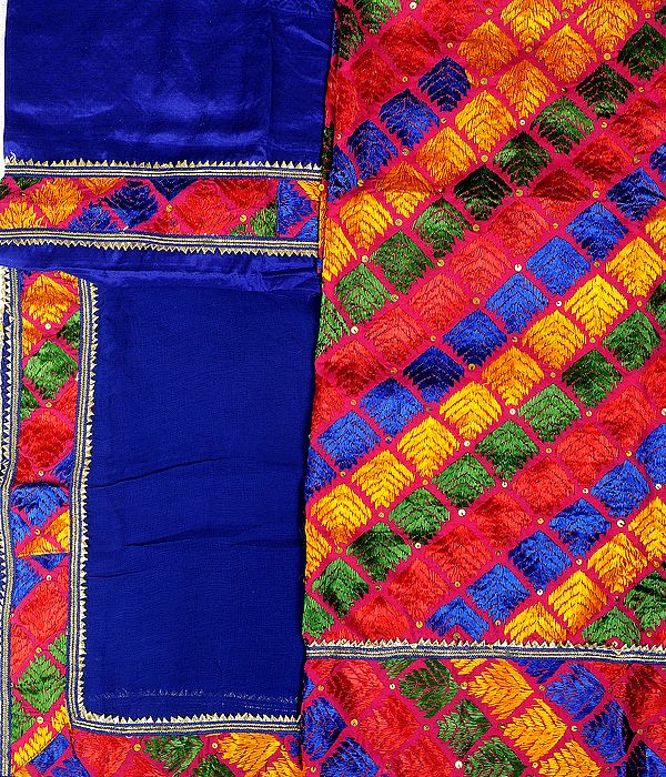Brilliant-Blue Phulkari Hand-Embroidered Salwar Kameez Fabric from Punjab with Gota Border
