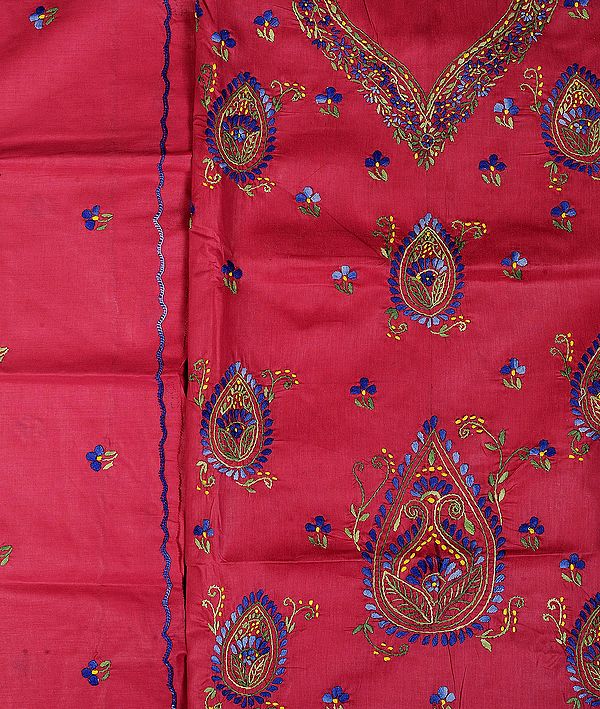 Garnet-Rose Salwar Kameez Fabric with Kantha Embroidered Flowers