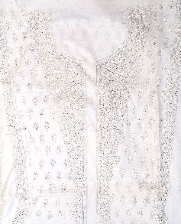 Winter-White Kashmiri Salwar Kameez Fabric with Aari Embroidered Paisleys