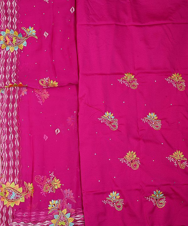 Vivid-Viola Salwar Kameez Fabric with Aari Embroidered Flowers and Sequins