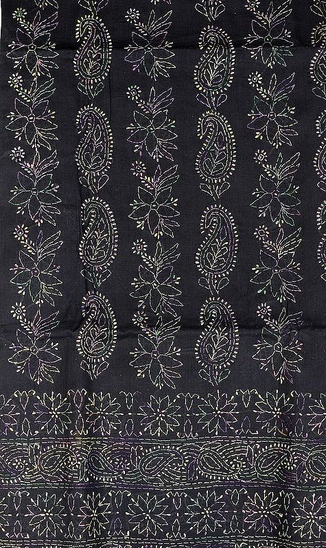 Jet-Black Salwar Kameez Fabric with Kantha Embroidery by Hand