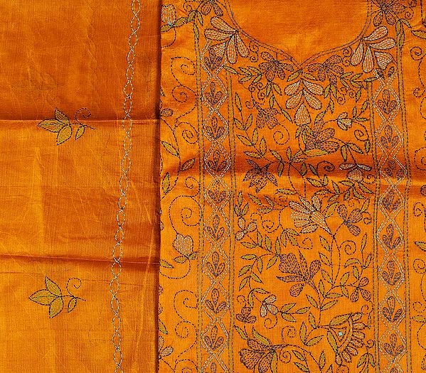 Golden-Oak Kantha Embroidered Salwar Kameez Fabric from Kolkata