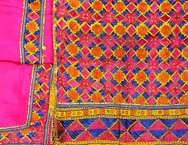 Fuchsia-Rose Phulkari Hand-Embroidered Salwar Kameez Fabric from Punjab with Gota Border