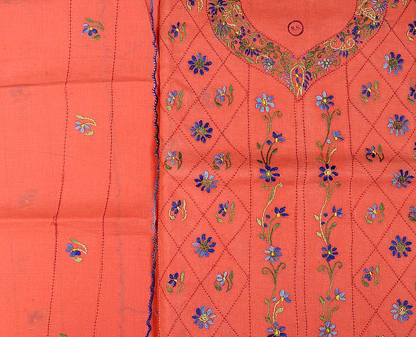 Peach-Pink Salwar Kameez Fabric from Lucknow with Chikan-Embroidered Flowers by Hand