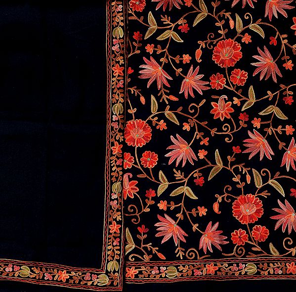 Phantom-Black Salwar Kameez Fabric from Amritsar with Aari Embroidered Flowers