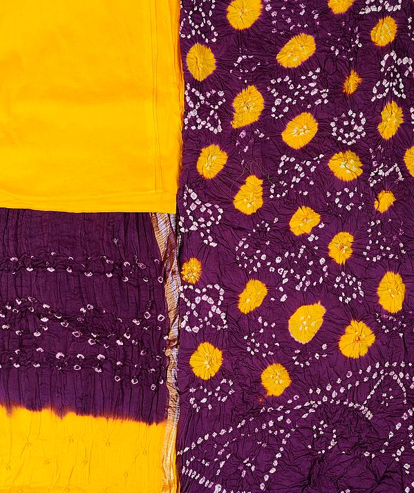 Paisley Purple and Yellow Bandhani Tie-Dye Salwar Kameez Fabric from Rajasthan